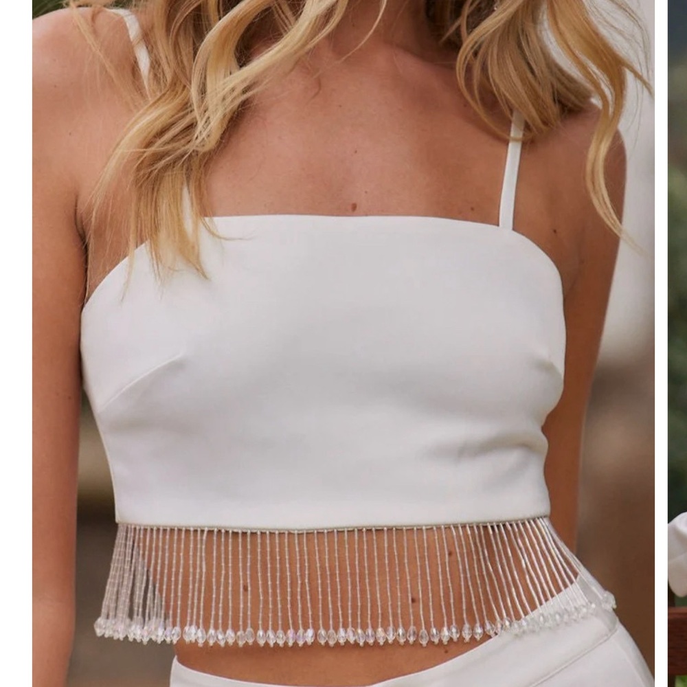 Torrey white satin beaded fringe white top - 12th tribe